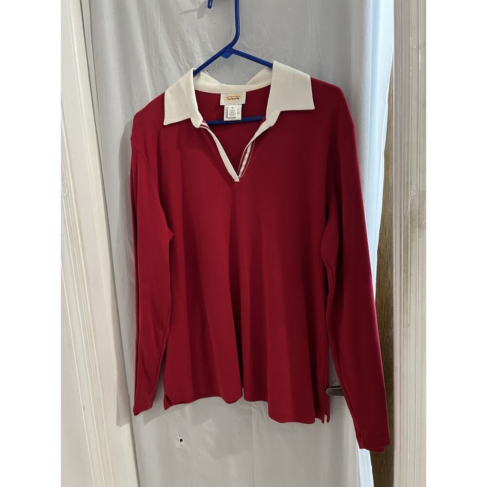 Talbots Red White Collared V Neck Rugby Tee Sz Xl - Picture 2 of 6